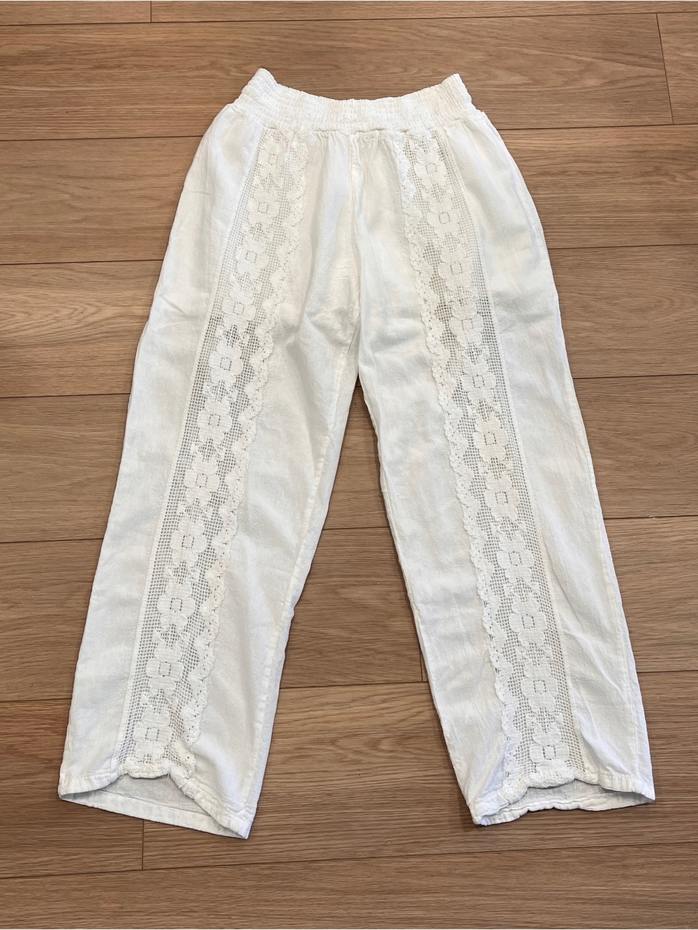 White Crochet Lace Panel Wide Leg Pull On Pants Boho Cottagecore S